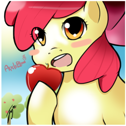 Size: 800x800 | Tagged: safe, artist:jerryrc, apple bloom, earth pony, pony, g4, adorabloom, apple, apple tree, cute, female, filly, food, solo, tree