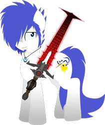 Size: 1077x1277 | Tagged: safe, artist:isaac_pony, oc, oc only, oc:blue snow, oc:isaac pony, earth pony, pony, 2022 community collab, derpibooru community collaboration, crucible blade, cutie mark, doom, doom eternal, jewelry, lunar republic, magic, male, moon, necklace, simple background, slayer, solo, sword, transparent background, vector, weapon