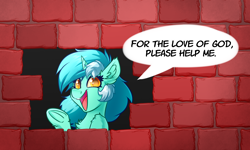 Size: 4000x2400 | Tagged: safe, artist:witchtaunter, lyra heartstrings, pony, unicorn, g4, brick wall, chest fluff, commission, commissioner:reversalmushroom, ear fluff, edgar allan poe, female, funny, immurement, l.u.l.s., mare, meme, open mouth, parody, ponified meme, raised hoof, smiling, solo, the cask of amontillado, underhoof