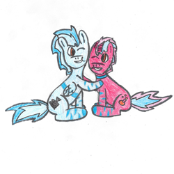 Size: 1000x1000 | Tagged: safe, artist:acid flask, derpibooru exclusive, oc, oc:acid flask, oc:film wheel, pegasus, pony, unicorn, broken horn, broken wing, brothers, colored pencil drawing, duo, horn, hug, looking at each other, male, pegasus oc, siblings, simple background, sitting, smiling, smiling at each other, stallion, traditional art, unicorn oc, white background, wings, zebra stripes