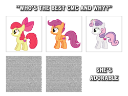Size: 640x480 | Tagged: safe, apple bloom, scootaloo, sweetie belle, earth pony, pegasus, pony, unicorn, g4, apple bloom's bow, best pony, bow, caption, cutie mark, cutie mark crusaders, female, filly, hair bow, image macro, meme, shitposting, text, the cmc's cutie marks, wall of text
