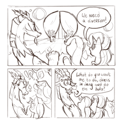 Size: 640x640 | Tagged: safe, artist:lesbianditzydoo, part of a set, discord, starlight glimmer, thorax, trixie, alicorn, changeling, pony, g4, my little pony: friendship is magic, to where and back again, comic, dialogue, exclamation point, explanation, female, grayscale, interrobang, male, monochrome, movie reference, question, question mark, reformed four, speech bubble, the lion king