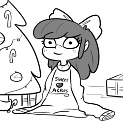 Size: 3300x3300 | Tagged: safe, artist:tjpones, apple bloom, human, g4, black and white, christmas, christmas tree, clothes, female, freckles, grayscale, high res, holiday, humanized, looking at you, monochrome, oversized clothes, smiling, smiling at you, solo, sweater, tree