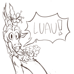 Size: 640x640 | Tagged: safe, artist:lesbianditzydoo, part of a set, discord, draconequus, g4, to where and back again, discord being discord, drawing, exclamation point, floral necklace, flower, grayscale, luau, monochrome, movie reference, parody, scene parody, sketch, solo, the lion king