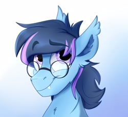 Size: 1600x1471 | Tagged: safe, artist:rutkotka, oc, oc only, oc:glacier wind, pony, bust, ear fluff, ear tufts, eyebrows, eyebrows visible through hair, fangs, glasses, gradient background, looking up, portrait, purple eyes, smiling, solo, two toned mane