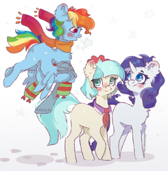 Size: 4600x4700 | Tagged: safe, artist:colorbrush, coco pommel, rainbow dash, rarity, earth pony, pegasus, pony, unicorn, g4, blushing, chest fluff, clothes, cute, ear blush, ear fluff, female, mare, missing cutie mark, scarf, simple background, snow, snowflake, striped scarf, white background, winter