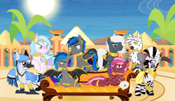 Size: 5250x3019 | Tagged: safe, artist:bnau, derpibooru exclusive, oc, oc only, oc:astralis, oc:candor champion, oc:gallagher, oc:lyssa, oc:snowy knight, oc:tempest streamrider, oc:zeny, oc:zephyr, bat pony, griffon, pegasus, pony, zebra, ankh, anklet, armband, armlet, armor, blushing, bracelet, bracer, chest fluff, choker, clothes, collar, couch, cuffs, desert, ear fluff, ear piercing, earring, egyptian, egyptian pony, eye of horus, face paint, fangs, female, food, freckles, gold, grapes, greaves, griffon oc, group picture, hair accessory, heterochromia, high res, hoof hold, hooped earrings, implied sex, jewelry, jewelry only, leg bracelet, leonine tail, loincloth, looking at you, lying down, male, mare, meme, necklace, oasis, palm tree, pegasus oc, peytral, piercing, piper perri surrounded, pyramid, ring, show accurate, shy, spread wings, stallion, standing, sun, surrounded, tail, tail jewelry, tail ring, tail wrap, tree, wall of tags, wing armor, wing jewelry, wing piercing, wings