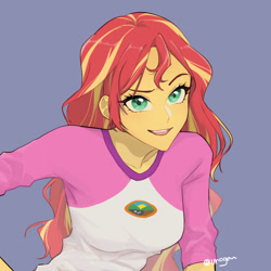 Size: 1000x1000 | Tagged: safe, artist:extraluna, sunset shimmer, equestria girls, g4, my little pony equestria girls: legend of everfree, blue background, breasts, busty sunset shimmer, camp everfree logo, camp everfree outfits, clothes, female, looking at you, open mouth, scene interpretation, simple background, smiling, solo