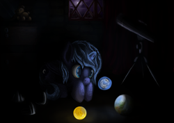 Size: 4960x3508 | Tagged: safe, artist:dr-fade, princess luna, alicorn, pony, g4, bedroom, dark, female, filly, glowing, glowing horn, horn, magic, moon, night, planet, plushie, solo, sun, teddy bear, telekinesis, telescope, window, woona, younger