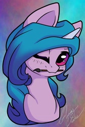 Size: 2542x3790 | Tagged: safe, artist:gleamydreams, izzy moonbow, pony, unicorn, g5, my little pony: a new generation, bust, female, high res, looking at you, mare, mouth hold, one eye closed, paintbrush, smiling, smiling at you, solo, wink, winking at you