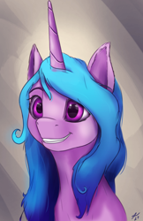 Size: 1400x2160 | Tagged: safe, artist:tenebrisnoctus, izzy moonbow, pony, unicorn, g5, my little pony: a new generation, bust, female, grin, mare, portrait, signature, simple background, smiling, solo