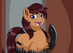 Size: 2200x1600 | Tagged: safe, artist:novaspark, part of a set, oc, oc only, oc:wireless fuzz, pony, series:soul snack shenanigans, amputee, female, open mouth, open smile, prosthetic limb, prosthetics, smiling, solo