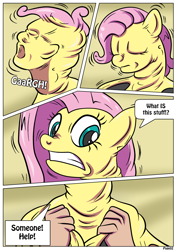 Size: 2480x3507 | Tagged: safe, artist:rex-equinox, fluttershy, goo, human, latex pony, original species, pony, comic:goop attack, g4, bondage, comic, encasement, eyes closed, gritted teeth, high res, human to pony, latex, living latex, male to female, rule 63, transformation, transformation sequence, transgender transformation