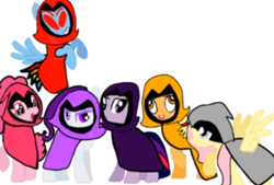 Size: 475x321 | Tagged: safe, applejack, fluttershy, pinkie pie, rainbow dash, rarity, twilight sparkle, earth pony, pegasus, pony, unicorn, g4, 1000 hours in ms paint, angry, applejack also dresses in style, bucktooth, cloak, clothes, colored eyelashes, colors of raven, derp, eyelashes, flying, frown, gritted teeth, passionate, purple eyelashes, rainbow dash always dresses in style, raised hoof, raven (dc comics), red eyes, sad, simple background, smiling, spread wings, teen titans go, teeth, twilight sparkle is not amused, unamused, unicorn twilight, voice actor joke, white background, wings