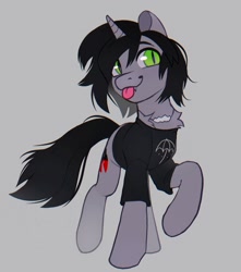 Size: 1317x1491 | Tagged: safe, artist:draw3, pony, unicorn, :p, clothes, commission, disguise, disguised siren, fangs, gray background, happy, horn, jewelry, kellin quinn, male, necklace, ponified, raised hoof, shirt, simple background, sleeping with sirens, slit pupils, solo, stallion, t-shirt, tongue out