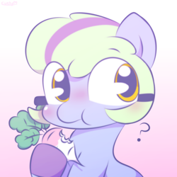 Size: 2000x2000 | Tagged: safe, artist:cushyhoof, oc, oc only, oc:cascade throw, earth pony, pony, blushing, clothes, cute, earth pony oc, eating, eye clipping through hair, eyebrows, eyebrows visible through hair, female, food, gloves, gradient background, herbivore, high res, hoof hold, mare, ocbetes, solo, turnip