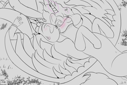Size: 3000x2000 | Tagged: safe, artist:enonnnymous, princess celestia, oc, oc:anon, alicorn, human, pony, g4, /sun/, art trade, belly button, blushing, cloud gazing, duo, flower, high res, lineart, lying down, magic, monochrome, smiling, spread wings, wings