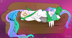 Size: 3000x1605 | Tagged: safe, artist:enonnnymous, princess celestia, oc, oc:anon, alicorn, human, pony, g4, /sun/, couch, cuddling, dock, duo, eyes closed, hug, human on pony snuggling, i love you, love, lying down, smiling, snuggling, tail