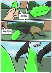 Size: 2480x3507 | Tagged: safe, artist:rex-equinox, part of a set, oc, oc only, oc:herc, oc:peter, beetle, human, insect, comic:a changing evolution, comic, dialogue, gem, hand, hercules beetle, high res, human oc, onomatopoeia, question mark, speech, speech bubble, story included, talking, touch, transformation, transformation sequence, tree