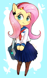 Size: 798x1316 | Tagged: safe, artist:fuyugi, edit, editor:fluffer, fluttershy, pegasus, semi-anthro, g4, arm hooves, clothes, cute, eyebrows, shyabetes, solo, uniform