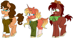 Size: 3197x1675 | Tagged: safe, artist:musical-medic, oc, oc only, earth pony, pony, unicorn, bowtie, clothes, coat markings, earth pony oc, freckles, glasses, half-siblings, hat, horn, magical gay spawn, offspring, parent:big macintosh, parent:cheese sandwich, parent:sunburst, parents:mac n cheese, parents:macburst, parents:troublemac, simple background, socks (coat markings), sweater, transparent background, trio, unicorn oc