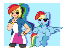 Size: 4832x3552 | Tagged: safe, artist:kittyrosie, rainbow dash, human, pegasus, pony, g4, alternate hairstyle, blushing, clothes, cute, dashabetes, equestria girls outfit, female, human ponidox, humanized, kittyrosie is trying to murder us, open mouth, open smile, peace sign, self paradox, self ponidox, smiling