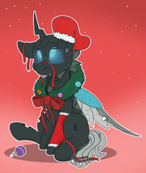 Size: 1804x2136 | Tagged: safe, alternate character, alternate version, artist:rokosmith26, oc, oc only, oc:tarsi, changeling, bow, changeling horn, changeling oc, changeling wings, christmas, christmas changeling, christmas stocking, christmas wreath, clothes, commission, fangs, floppy ears, glasses, gradient background, holiday, horn, leggings, looking up, male, one ear down, raised hoof, ribbon, simple background, sitting, smiling, solo, spread wings, stallion, sweat, sweatdrop, tail, tongue out, tooth, transparent wings, wings, wreath, ych result