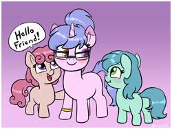 Size: 1856x1396 | Tagged: safe, artist:heretichesh, oc, oc only, oc:steamy, earth pony, pony, unicorn, blushing, bracelet, cute, female, filfil, filly, glasses, gradient background, heterochromia, jewelry, looking at each other, looking at someone, ocbetes, open mouth, open smile, ponytail, smiling, tooth gap, trio