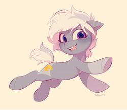 Size: 2997x2607 | Tagged: safe, artist:imalou, oc, oc only, oc:silver bolt, earth pony, pony, female, high res, looking at you, mare, open mouth, open smile, simple background, smiling, smiling at you, solo, underhoof, yellow background