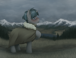 Size: 6000x4628 | Tagged: safe, artist:aquoquoo, stygian, pony, unicorn, g4, absurd resolution, breath, cloak, clothes, cloudy sky, depression, featured image, fog, forest, grass, horn, lonely, male, mountain, mountain range, open mouth, outdoors, raised hoof, scenery, solo, stallion, standing, travelling, tree, winter