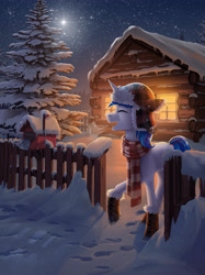 Size: 2875x3836 | Tagged: safe, artist:helmie-art, oc, oc only, pony, unicorn, clothes, commission, fence, fir tree, high res, hoof boots, log cabin, mailbox, night, scarf, snow, solo, stars, striped scarf, tree, winter, winter hat, winter outfit, ych result