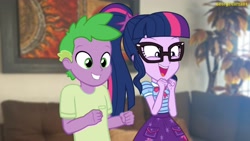 Size: 3640x2048 | Tagged: safe, artist:georgegarza01, sci-twi, spike, twilight sparkle, equestria girls, g4, clothes, excited, excitement, female, glasses, high res, human spike, male, shirt, show accurate, skirt, sparkle siblings