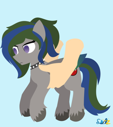 Size: 1380x1545 | Tagged: safe, artist:samsailz, oc, oc only, earth pony, pony, collar, commission, hand, holding a pony, lineless, no pupils, solo, ych result