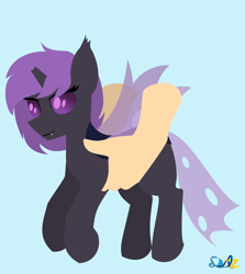 Size: 1380x1545 | Tagged: safe, artist:samsailz, oc, oc only, changeling, pony, broken horn, commission, fangs, hand, holding a pony, holeless, horn, lineless, no iris, purple changeling, solo, ych result