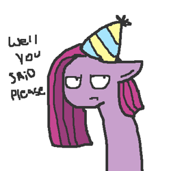 Size: 400x400 | Tagged: safe, artist:askpinkiepieandfriends, pinkie pie, earth pony, pony, g4, ask, female, floppy ears, frown, hat, mare, party hat, pinkamena diane pie, simple background, solo, tumblr, white background