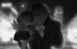Size: 1920x1214 | Tagged: safe, artist:bearmation, bulk biceps, fluttershy, pegasus, pony, g4, arm kiss, beard, black and white, bracelet, clothes, dress, eyes closed, facial hair, female, grayscale, holding hooves, jewelry, kissing, larger male, male, mare, monochrome, noir, ship:flutterbulk, shipping, smaller female, smiling, stallion, straight, suit