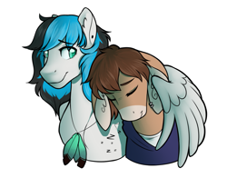 Size: 1129x887 | Tagged: safe, artist:royvdhel-art, oc, oc only, earth pony, pegasus, pony, bust, duo, eyes closed, feather, floppy ears, hug, jewelry, necklace, pegasus oc, simple background, sleeping, white background, winghug, wings