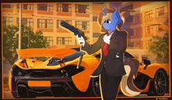 Size: 3280x1920 | Tagged: safe, artist:parabellumpony, oc, oc only, oc:parabellum blueberry, unicorn, anthro, anaglyph 3d, car, clothes, detailed background, mclaren, mclaren p1, solo, supercar, wallpaper, weapon
