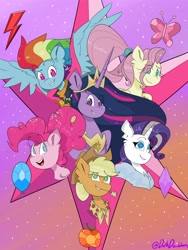 Size: 3024x4032 | Tagged: safe, artist:darkdoubloon, applejack, fluttershy, pinkie pie, rainbow dash, rarity, twilight sparkle, alicorn, earth pony, pegasus, pony, unicorn, g4, the last problem, applejack's hat, blushing, clothes, cowboy hat, crown, element of generosity, element of honesty, element of kindness, element of laughter, element of loyalty, element of magic, elements of harmony, hat, jewelry, mane six, older, older twilight, older twilight sparkle (alicorn), open mouth, ponytail, princess twilight 2.0, regalia, scarf, smiling, stars, stetson, twilight sparkle (alicorn)