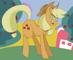 Size: 3588x2929 | Tagged: safe, artist:darkdoubloon, applejack, earth pony, pony, g4, apple, apple tree, applejack's hat, barn, chest fluff, cowboy hat, ear fluff, female, food, freckles, hat, high res, looking at you, mare, open mouth, smiling, smiling at you, solo, stetson, tree