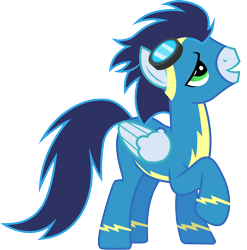Size: 3000x3035 | Tagged: safe, artist:cloudy glow, soarin', pegasus, pony, g4, .ai available, clothes, goggles, high res, male, raised hoof, simple background, solo, stallion, transparent background, uniform, vector, wonderbolts uniform