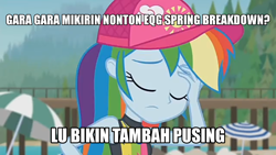 Size: 1280x720 | Tagged: safe, edit, edited screencap, screencap, rainbow dash, blue crushed, equestria girls, g4, my little pony equestria girls: better together, cap, caption, clothes, eyes closed, facepalm, female, hat, indonesian, meme, swimsuit, text, translation request