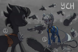 Size: 1600x1067 | Tagged: safe, artist:yarugreat, oc, earth pony, pony, unicorn, fallout equestria, chainsaw, commission, dynamite, explosives, gun, magic, rope, telekinesis, weapon, ych sketch, your character here