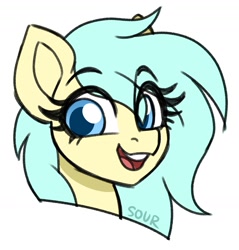 Size: 1569x1638 | Tagged: safe, artist:sickly-sour, oc, oc only, pony, blue eyes, bust, eye clipping through hair, eyebrows, eyebrows visible through hair, eyelashes, female, mare, open mouth, open smile, portrait, simple background, smiling, solo, white background