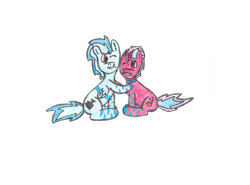 Size: 3360x2480 | Tagged: safe, alternate version, artist:acid flask, derpibooru exclusive, oc, oc only, oc:acid flask, oc:film wheel, pegasus, pony, unicorn, 2022 community collab, derpibooru community collaboration, broken horn, broken wing, brothers, colored pencil drawing, duo, high res, horn, hug, looking at each other, looking at someone, male, pegasus oc, siblings, simple background, sitting, smiling, smiling at each other, stallion, traditional art, transparent background, unicorn oc, wings, zebra stripes