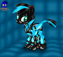 Size: 4608x4154 | Tagged: safe, alternate version, artist:damlanil, oc, oc only, oc:nightlight aura, pegasus, pony, alternate universe, barcode, blushing, bondage, boots, bound wings, buckle, catsuit, caution sign, clothes, collar, commission, cute, eyeshadow, female, fireheart76's latex suit design, gag, gimp, gimp suit, gloves, hood, latex, latex boots, latex gloves, latex suit, lock, makeup, mare, muzzle gag, padded cell, prisoners of the moon, restrained, restraints, rubber, rubber suit, shiny, shiny mane, shoes, solo, story, story included, straps, suit, text, vector, wings