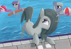 Size: 2388x1668 | Tagged: safe, artist:solid shrimp, limestone pie, marble pie, maud pie, pinkie pie, earth pony, pony, g4, pie sisters, siblings, sisters, swimming pool, water, wet