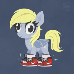 Size: 4000x4000 | Tagged: safe, artist:confetticakez, derpy hooves, pegasus, pony, g4, blue background, clothes, cute, derpabetes, drip, female, mare, nike, nike (brand), shoes, simple background, sneakers, solo
