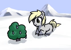 Size: 958x679 | Tagged: safe, artist:neuro, derpy hooves, fish, pony, yakutian horse, g4, bush, cute, derp, derpy being derpy, fluffy, how, race swap, snow, snow mare, solo