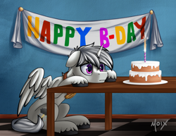 Size: 3300x2550 | Tagged: safe, artist:supermoix, oc, oc only, oc:dark tempest, alicorn, pegasus, pony, unicorn, alone, birthday, cake, commission, cute, depressed, food, happy birthday to me, high res, sad, solo